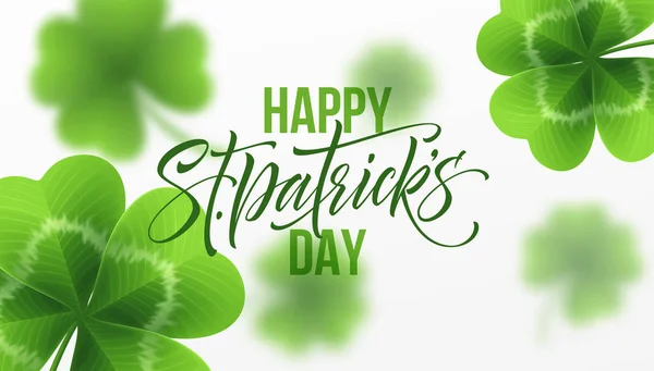 Happy Saint Patricks Day greeting lettering on clovers leaf background. Vector Illustration — Stock Vector