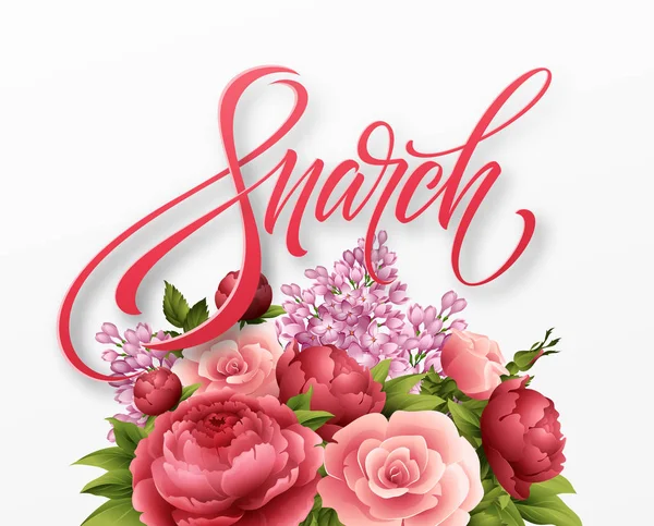 Glad kvinnodagen den 8 mars. Utformningen av moderna hand kalligrafi med blomma. Vektorillustration — Stock vektor
