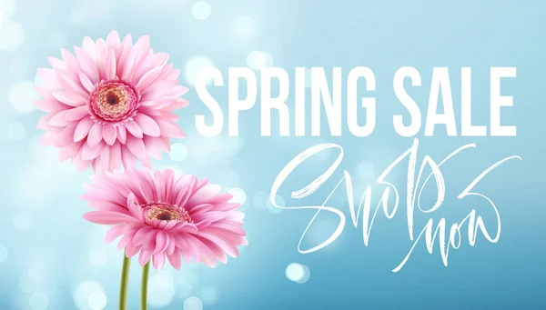 粉红色的非洲菊雏菊在蓝色散景背景。春季销售刻字。矢量插图 — 图库矢量图片