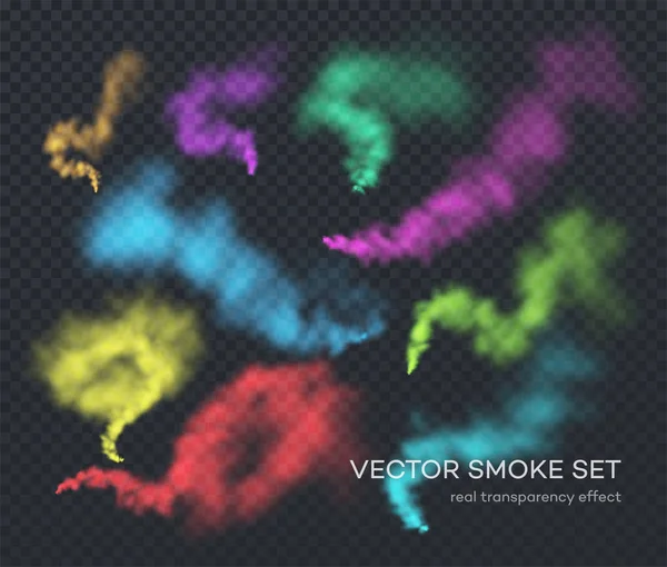 Vectorrook. Een set van verschillende kleuren realistisch geïsoleerde transparante effecten van rook. Het werkelijke effect van transparantie — Stockvector