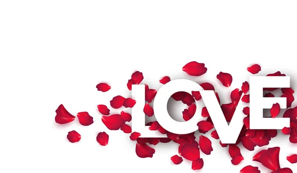 Paper cut word Love on a backdrop of rose petals. Valentine day background. Vector illustration — ストックベクタ