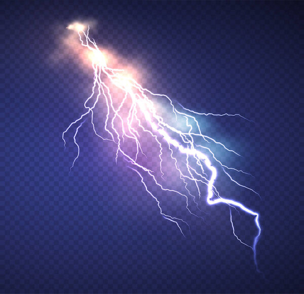 Realistic Lightning effect isolated on clear dark blue background. Vector illustration