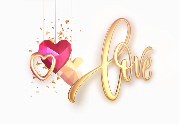 San Valentino sfondo festivo con realistico oro metallico e rosso rubino cuore basso poli. Golden Lettering Love su sfondo bianco. Illustrazione vettoriale — Vettoriale Stock