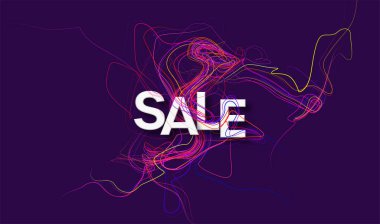 Concept Discount İndirim afişi. Siyah arkaplanda renk çizgisi bükülmesi olan modern tasarım şablon satış afişi. Dalgalı çizgiler arka planda. Vektör illüstrasyonu