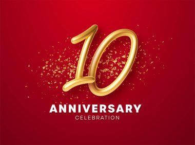 Altın sayılar, ışıltılı konfeti ve simlerle yıldönümü tasarımı. Gerçekçi 3 boyutlu festival illüstrasyonu. Parti dekorasyonu. Vektör illüstrasyonu