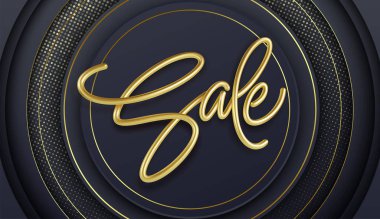 Siyah arka planda gerçekçi altın yazıtlar satışı. Satış afişi tasarımı. Pankart tasarımı için mektup. Alışveriş promosyonu illüstrasyonu. Vektör illüstrasyonu