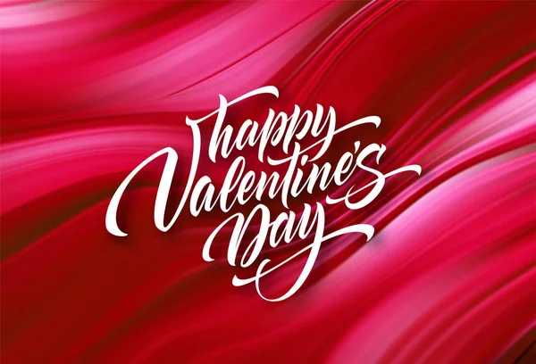 Caligrafía blanca con letras Feliz Día de San Valentín sobre un fondo rojo fluyendo fluido. Concepto para saludos de San Valentín. Ilustración vectorial — Vector de stock