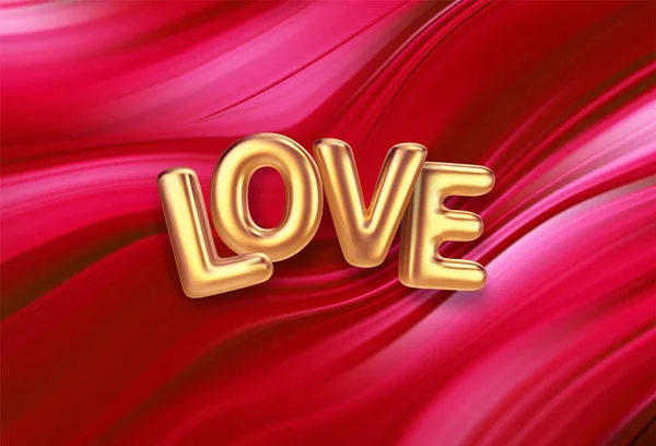金色的气球在红色的背景上，用流动的液体写上情人节快乐的字样。 情人节问候的概念。 矢量说明 — 图库矢量图片