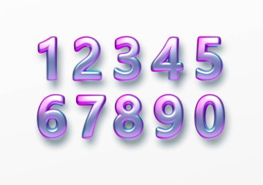 Gerçekçi 3d altın font rengi gökkuşağı holografik numaraları beyaz arkaplanda izole edilmiş. Tatil broşürleri, afişler, sertifikalar, kartpostallar için tasarım öğesi. Vektör illüstrasyonu