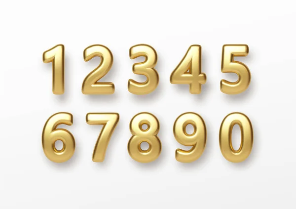 वास्तविक 3 डी अक्षर संख्याएं सफेद पृष्ठभूमि पर अलग हैं। गोल्डन नंबर सेट। बैनर, कवर, जन्मदिन या वर्षगांठ पार्टी निमंत्रण डिजाइन के लिए सजावट तत्व। वेक्टर चित्र — स्टॉक वेक्टर