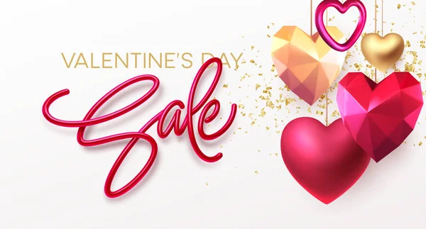 Valentines Day Sale background with realistic metallic gold and red ruby low poly heart. Red Golden Lettering Sale on white background. Vector illustration — 스톡 벡터