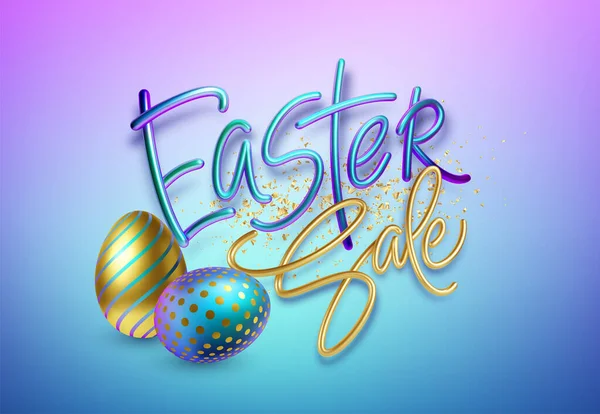 Modern trendi Golden metál fényes tipográfia Boldog Húsvétot a húsvéti tojások hátterében. 3D reális betűk a design szórólapok, szórólapok, poszterek és kártyák. Vektorillusztráció — Stock Vector