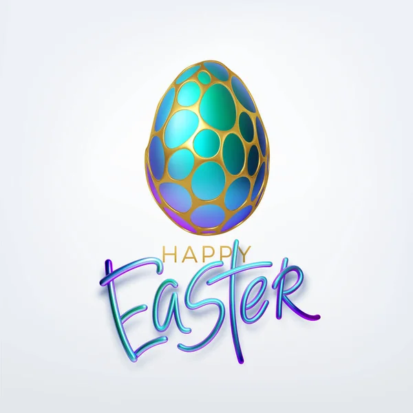 Modern trendy Golden metallic shiny typography Happy Easter on a background of easter eggs. 3D realistic lettering for the design of flyers, leaflets, posters and cards. Vector illustration — Stock Vector