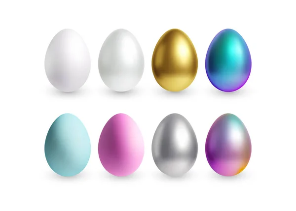 Állítsa be a különböző 3D realisztikus, fényes, arany, holografikus húsvéti tojás elszigetelt fehér alapon. Vektorillusztráció — Stock Vector