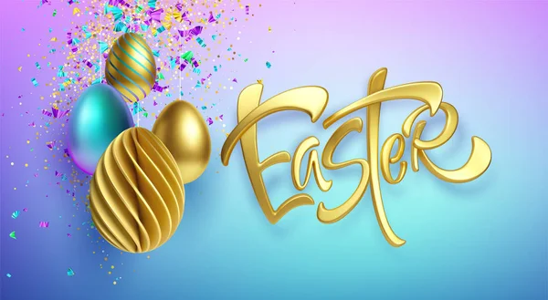 Tipografía moderna de oro metálico brillante Feliz Pascua sobre un fondo de huevos de Pascua. Letras 3D realistas para el diseño de volantes, folletos, carteles y tarjetas. Ilustración vectorial — Archivo Imágenes Vectoriales