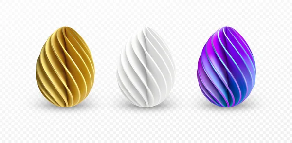 Conjunto de diferentes huevos de Pascua realistas, brillantes, dorados y holográficos en 3D aislados sobre fondo blanco. Ilustración vectorial — Vector de stock