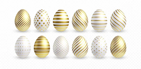 Conjunto de diferentes huevos de Pascua realistas, brillantes, dorados y holográficos en 3D aislados sobre fondo blanco. Ilustración vectorial — Archivo Imágenes Vectoriales