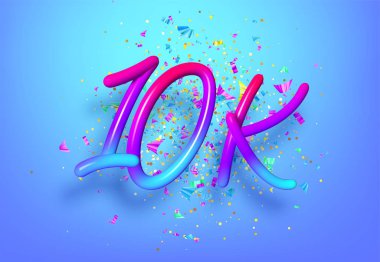 10k takipçisi gökkuşağı numaraları, ışıltılı konfeti ve simlerle tasarımı kutluyor. Gerçekçi 3 boyutlu festival illüstrasyonu. Parti dekorasyonu. Vektör illüstrasyonu