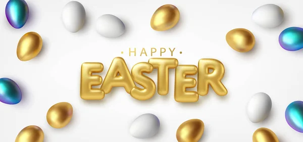 Modern trendy Golden metallic shiny typography Happy Easter on a background of easter eggs. 3D realistic lettering for the design of flyers, leaflets, posters and cards. Vector illustration — Stock Vector