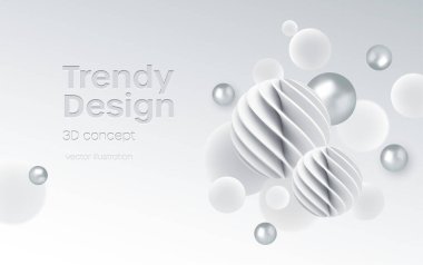 Abstract background with realistic white and silver bubblesdynamic 3d spheres. Modern trendy banner or poster design. Vector illustration