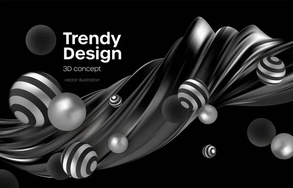 Abstract background with realistic blackand silver bubblesdynamic 3d spheres. Modern trendy banner or poster design. Vector illustration — Stok Vektör