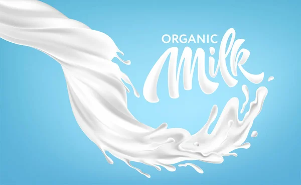 Realistic splashes of milk on a blue background. Organic Milk Handwriting Lettering Calligraphy Lettering. Vector illustration — 스톡 벡터