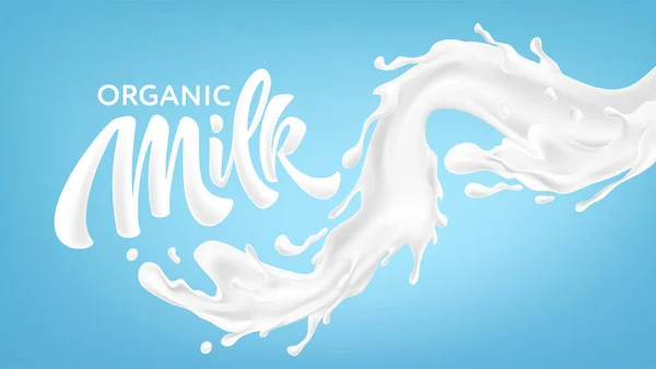 Realistic splashes of milk on a blue background. Organic Milk Handwriting Lettering Calligraphy Lettering. Vector illustration — Διανυσματικό Αρχείο