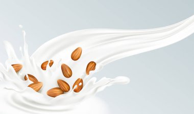 Realistic splash of almond milk on a gray background. Healthy eating concept. Vector illustration