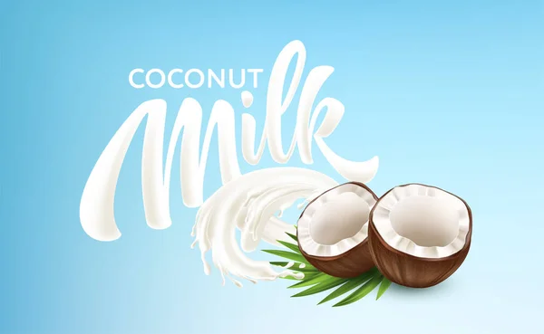 Realistic Bursts of Milk and Coconuts on a Blue Background. Milk Handwriting Lettering Calligraphy Lettering. Ilustración vectorial — Archivo Imágenes Vectoriales