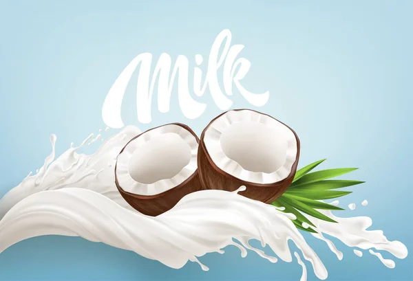 Realistic Bursts of Milk and Coconuts on a Blue Background. Milk Handwriting Lettering Calligraphy Lettering. Vector illustration — Stockvector