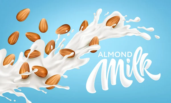 Realistic splash of almond milk on a blue background. Milk lettering calligraphy. Healthy eating concept. Vector illustration — 图库矢量图片