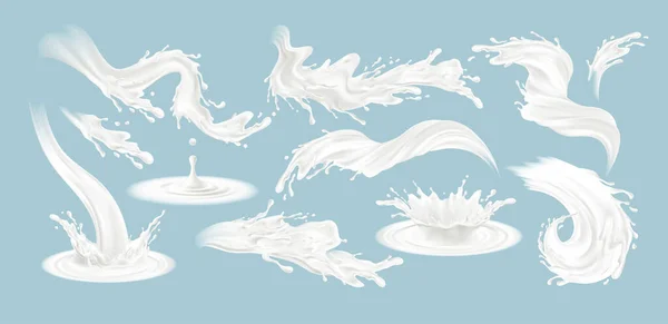 Set of realistic splashes of milk isolated on a blue background. White fluid. Vector illustration — Διανυσματικό Αρχείο