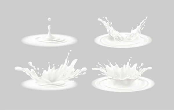 Conjunto de salpicaduras realistas de leche aisladas sobre un fondo gris. 3d Realista corona líquida blanca. Ilustración vectorial — Vector de stock