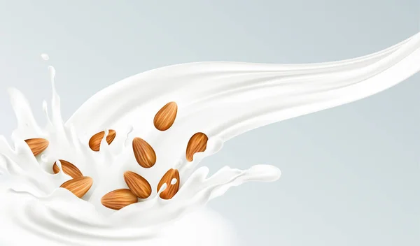 Realistic splash of almond milk on a gray background. Healthy eating concept. Vector illustration — 图库矢量图片
