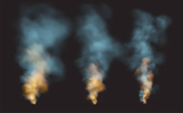 Imposta forme realistiche di fumo e fuoco su uno sfondo nero. Illustrazione vettoriale — Vettoriale Stock