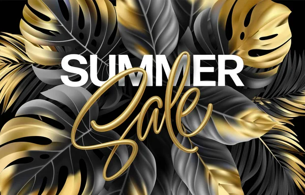 Ouro metálico venda de verão lettering em um fundo preto de folhas tropicais douradas de plantas. Ilustração vetorial —  Vetores de Stock