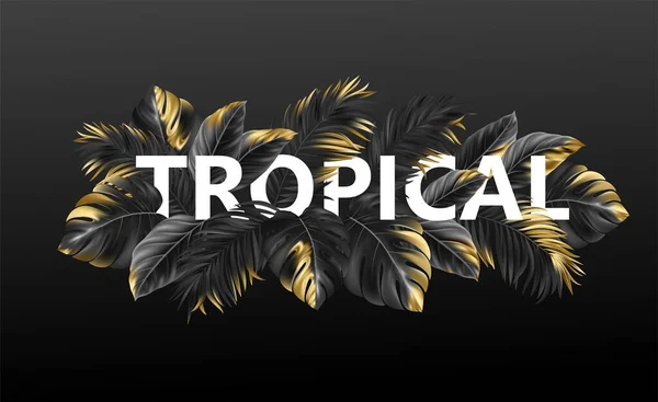 Lettrage tropical sur fond noir à partir de feuilles tropicales dorées de plantes. Illustration vectorielle — Image vectorielle