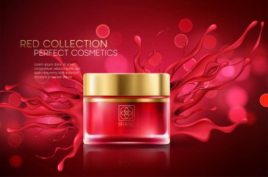 Kırmızı bulanık arka planda lüks kompozisyon koleksiyonu olan kozmetik ürünleri. Vektör illüstrasyonu