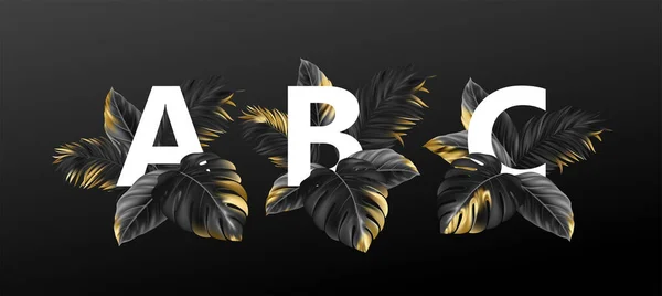Bokstäver i svart med gyllene exotiska tropiska blad av växter. Lyxigt designkoncept för reklam, broschyrer, affischer, flygblad. Vektorillustration — Stock vektor