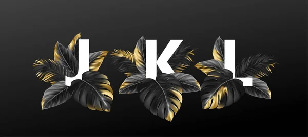 Litery alfabetu w czerni ze złotymi egzotycznymi liśćmi tropikalnymi roślin. Luksusowa koncepcja projektowania reklam, broszur, plakatów, ulotek. Ilustracja wektora — Wektor stockowy