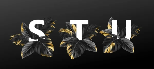 Алфавітні літери чорного кольору з золотими екзотичними тропічними листям рослин. Розкішна концепція дизайну для реклами, буклетів, плакатів, листівок. Векторні ілюстрації — стоковий вектор