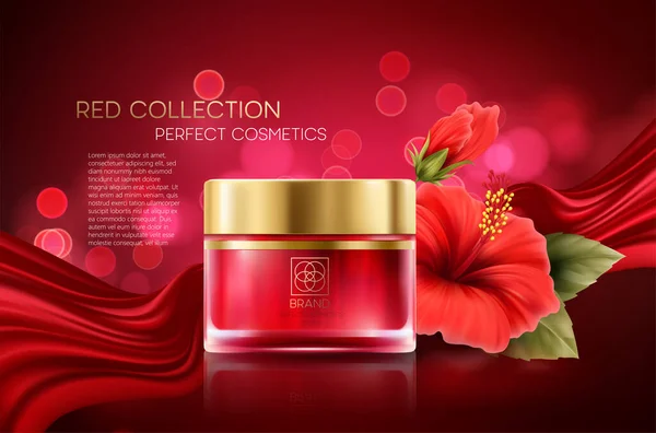 Produkty kosmetyczne z luksusową kompozycją kolekcji na czerwonym rozmytym tle bokeh z kwiatem hibiskusa. Ilustracja wektora — Wektor stockowy