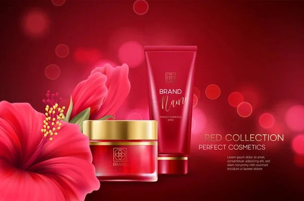 Produtos cosméticos com composição de coleção de luxo em fundo bokeh vermelho desfocado com flor de hibisco. Ilustração vetorial —  Vetores de Stock