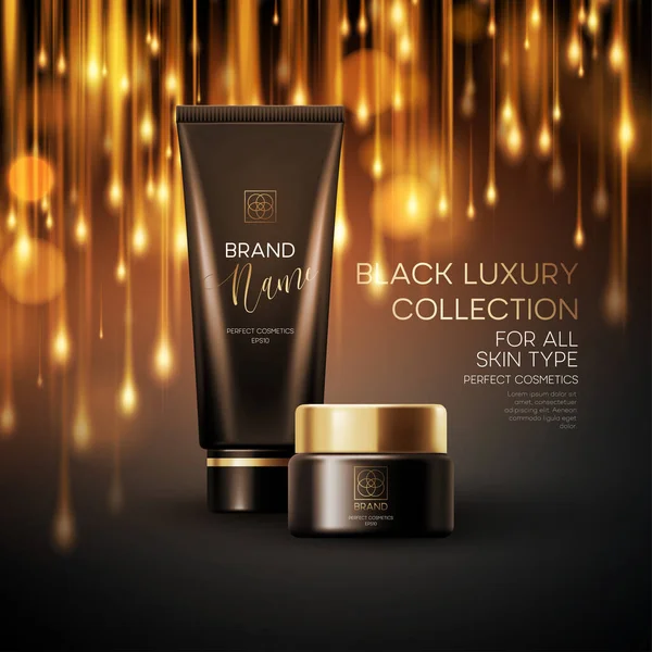 Kozmetikai termékek luxus kollekció összetétele fekete homályos bokeh háttér. Vektorillusztráció — Stock Vector