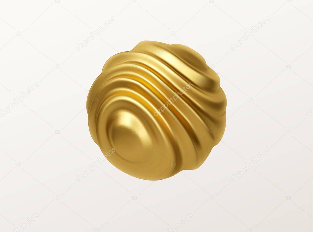 Golden metal organic shape 3d sphere isolated on white background. Trend design for web pages, posters, flyers, booklets, magazine covers, presentations. Vector illustration EPS10