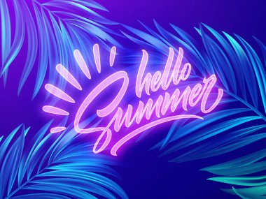 Merhaba Summer neon harfleri, egzotik tropik palmiye yapraklarının arka planında. Vektör illüstrasyonu
