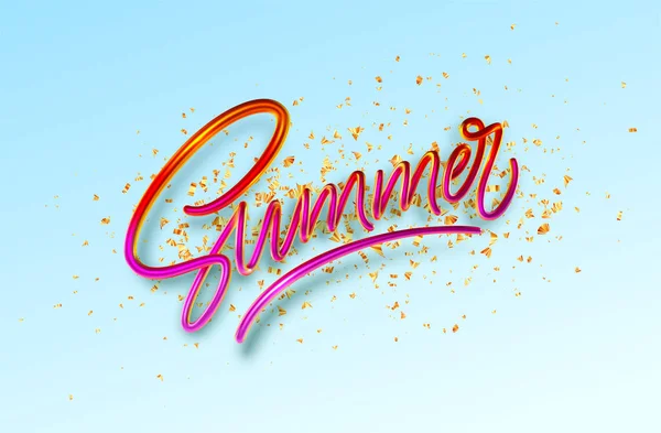 3D Realistic Red Golden Shiny Metallic Summer Handwriting Lettering blauer Hintergrund mit goldenem Glitzerkonfetti. Vektorillustration — Stockvektor