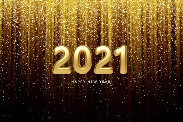 2021 inscripción realista de oro 3d en el fondo de confeti brillo de oro. Ilustración vectorial — Vector de stock