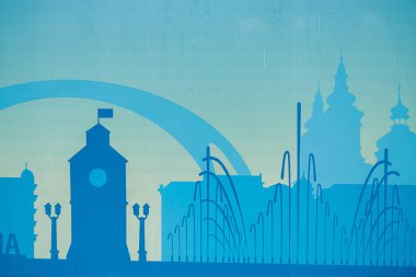 Cityscape siyah mimari yapı simgesi. mavi arka plan illüstrasyon siluet düz stil tasarım