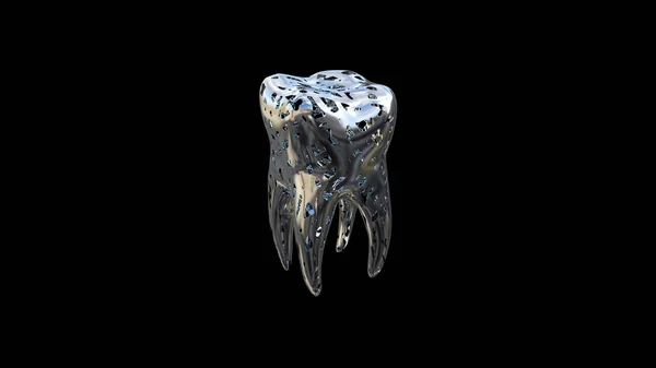 Representación 3D de diente inusual colorido abstracto (molar humano) con un brillo azul en el interior. Aislado en negro — Foto de Stock